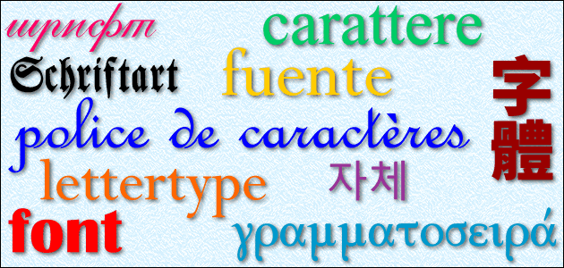 Words for font in various languages and fonts