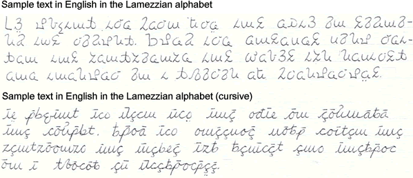Sample texts in English in the Lamezzian alphabet