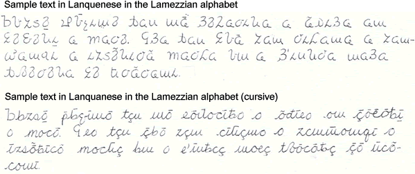 Sample texts in Lanquanese in the Lamezzian alphabet