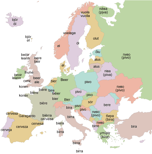 A map of Europe showing words for beer